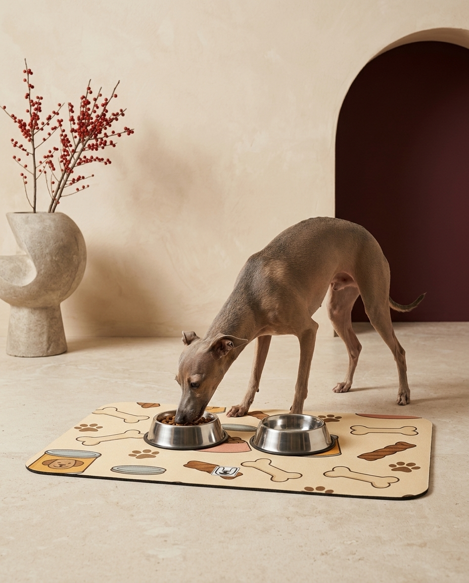 Italian Greyhound eating beside the Iggy Grey food mat
