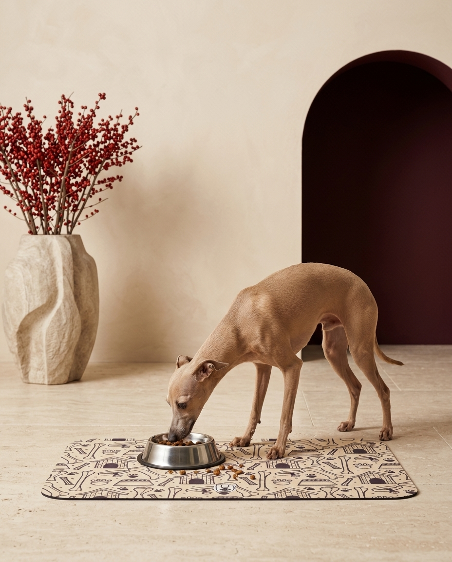Italian Greyhound eating beside the Iggy Grey food mat