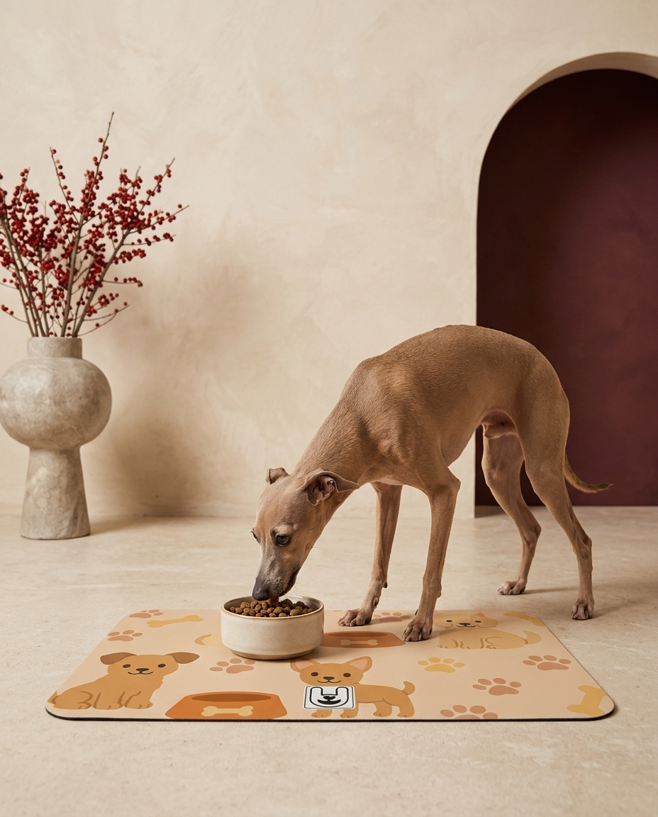 Italian Greyhound eating beside the Iggy Grey food mat