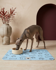 Italian Greyhound eating beside the Iggy Grey food mat