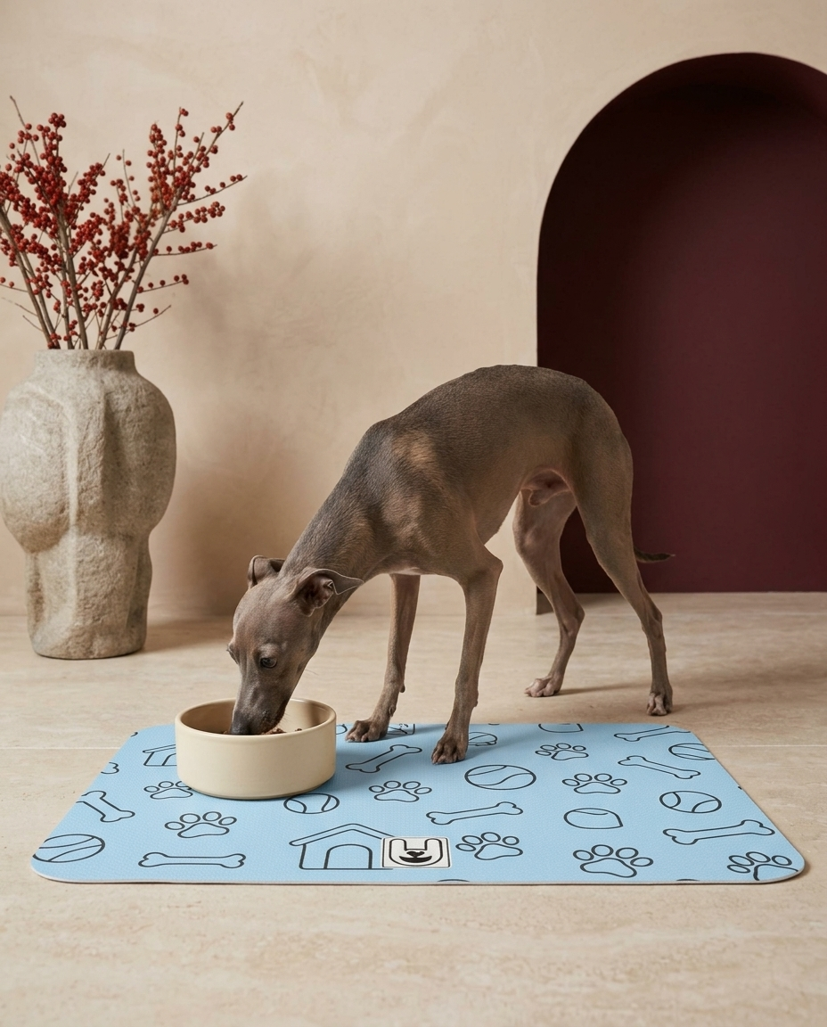 Italian Greyhound eating beside the Iggy Grey food mat
