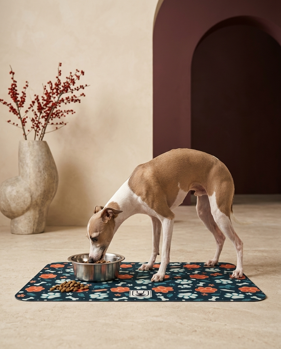 Italian Greyhound eating beside the Iggy Grey food mat