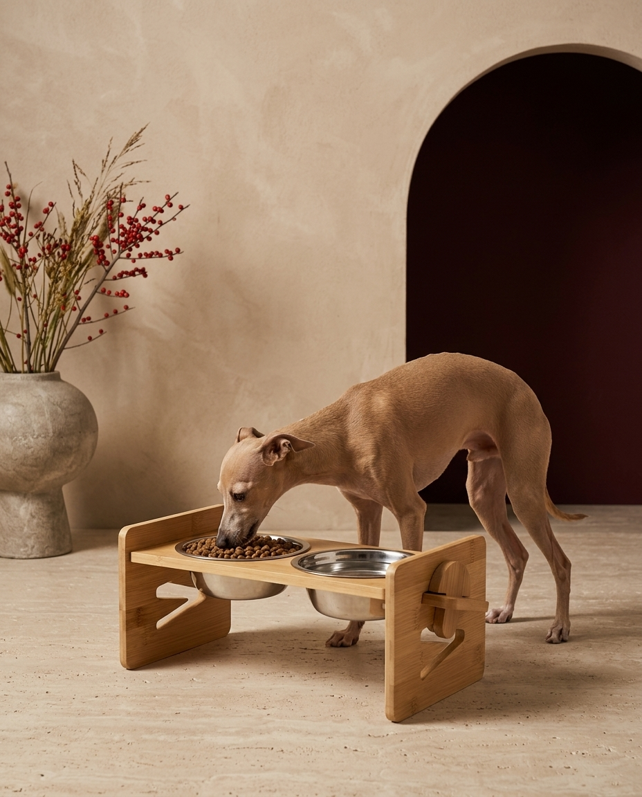 Italian Greyhound eating from the Iggy Grey elevated food bowl with bamboo stand