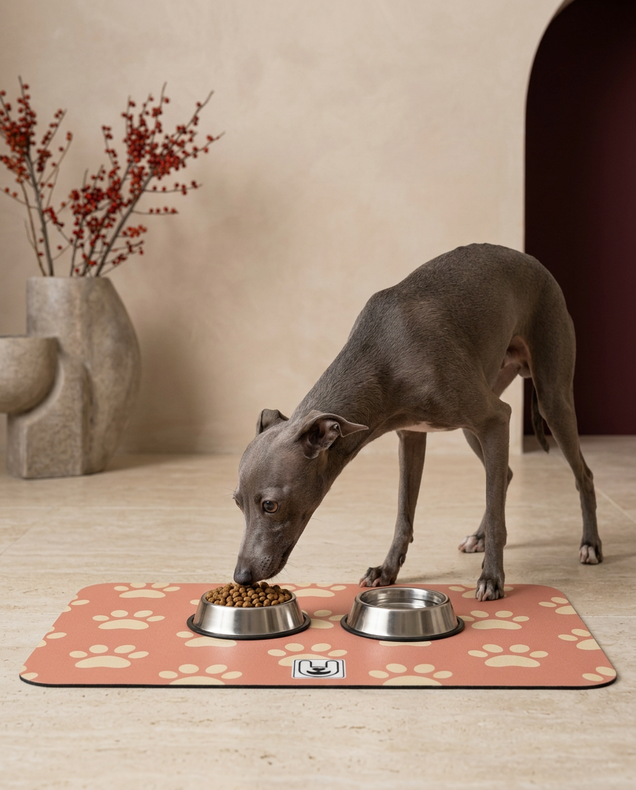 Italian Greyhound eating beside the Iggy Grey food mat