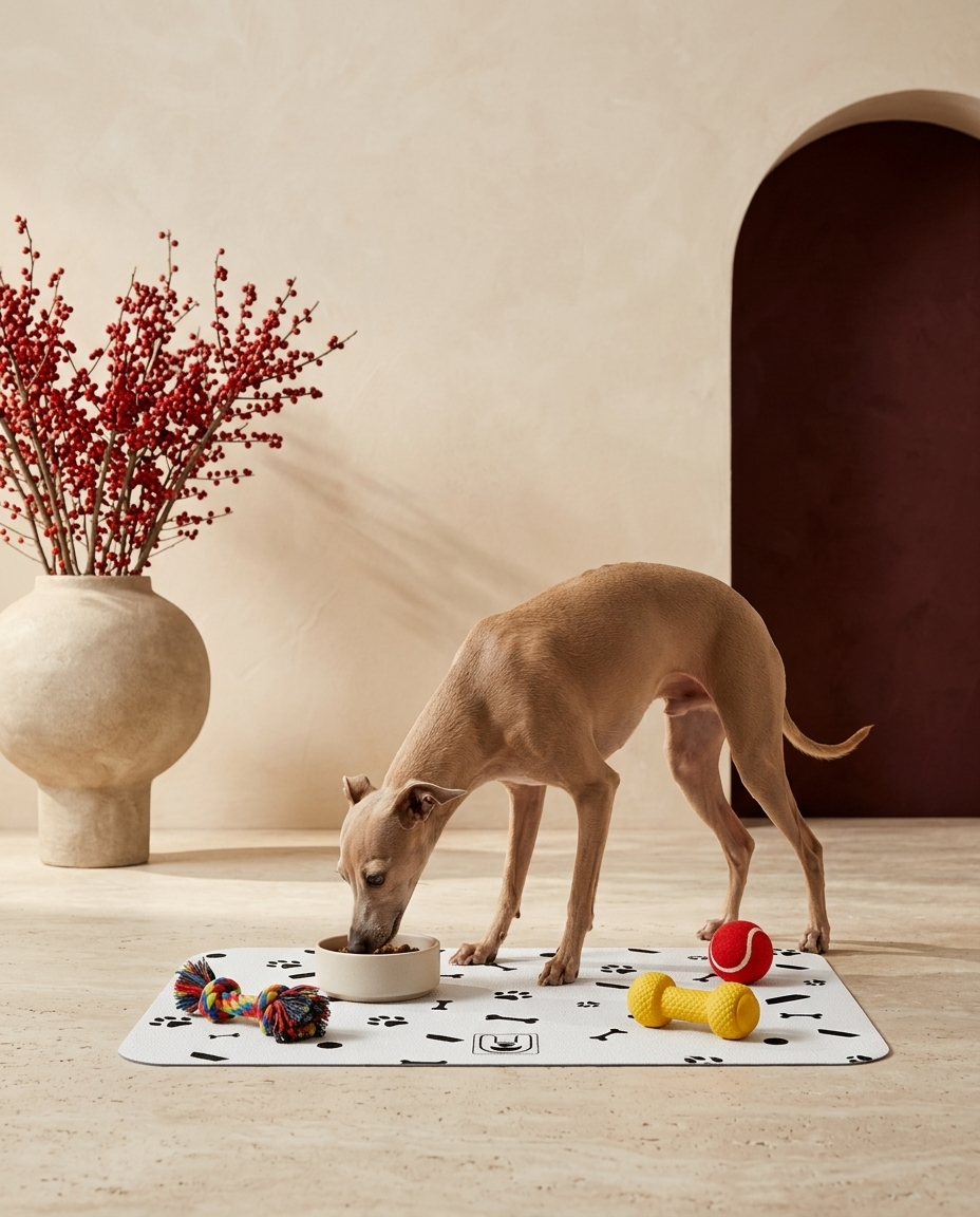 Italian Greyhound eating beside the Iggy Grey food mat