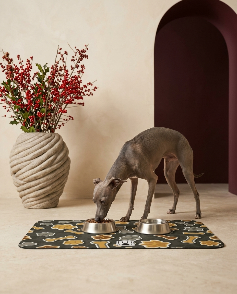 Italian Greyhound eating beside the Iggy Grey food mat