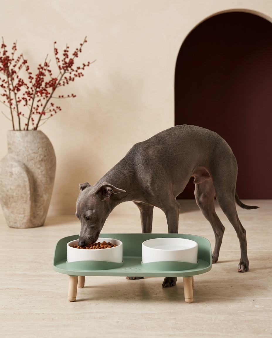 Italian Greyhound eating from the Iggy Grey adjustable elevated bowl set