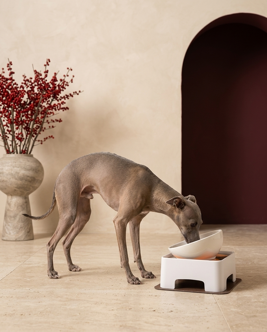 Italian Greyhound eating from the Iggy Grey adjustable ceramic bowl with stand
