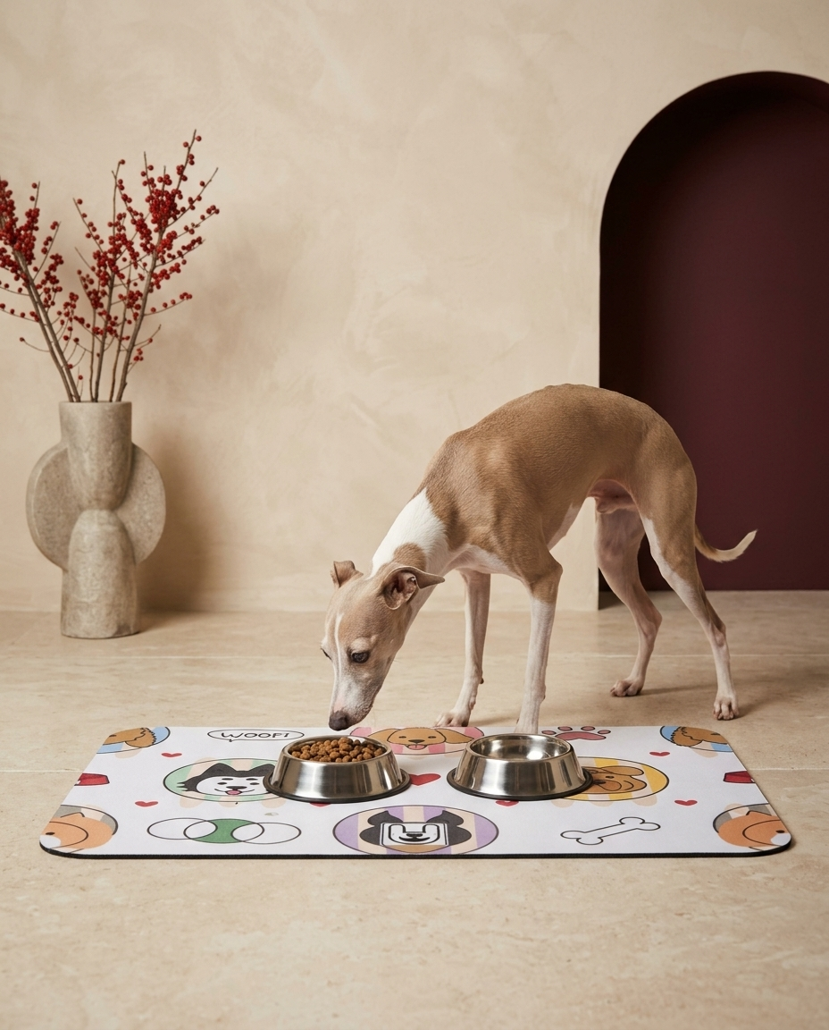 Italian Greyhound eating beside the Iggy Grey food mat