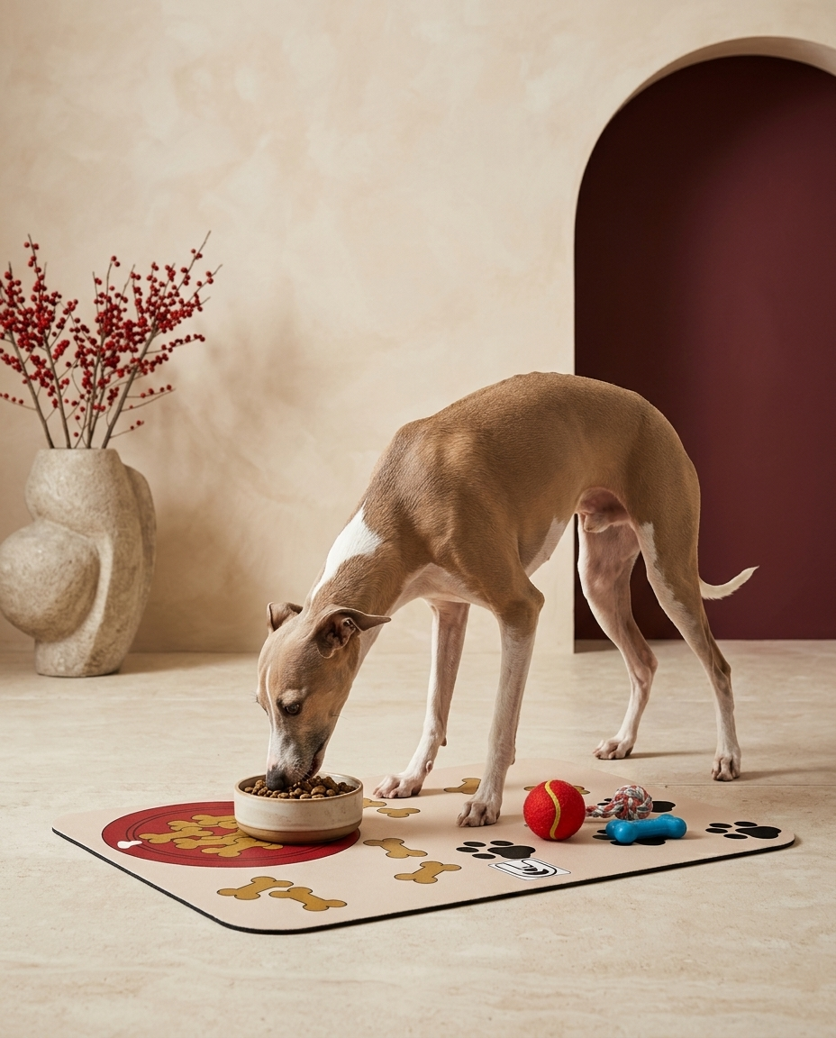 Italian Greyhound eating beside the Iggy Grey food mat