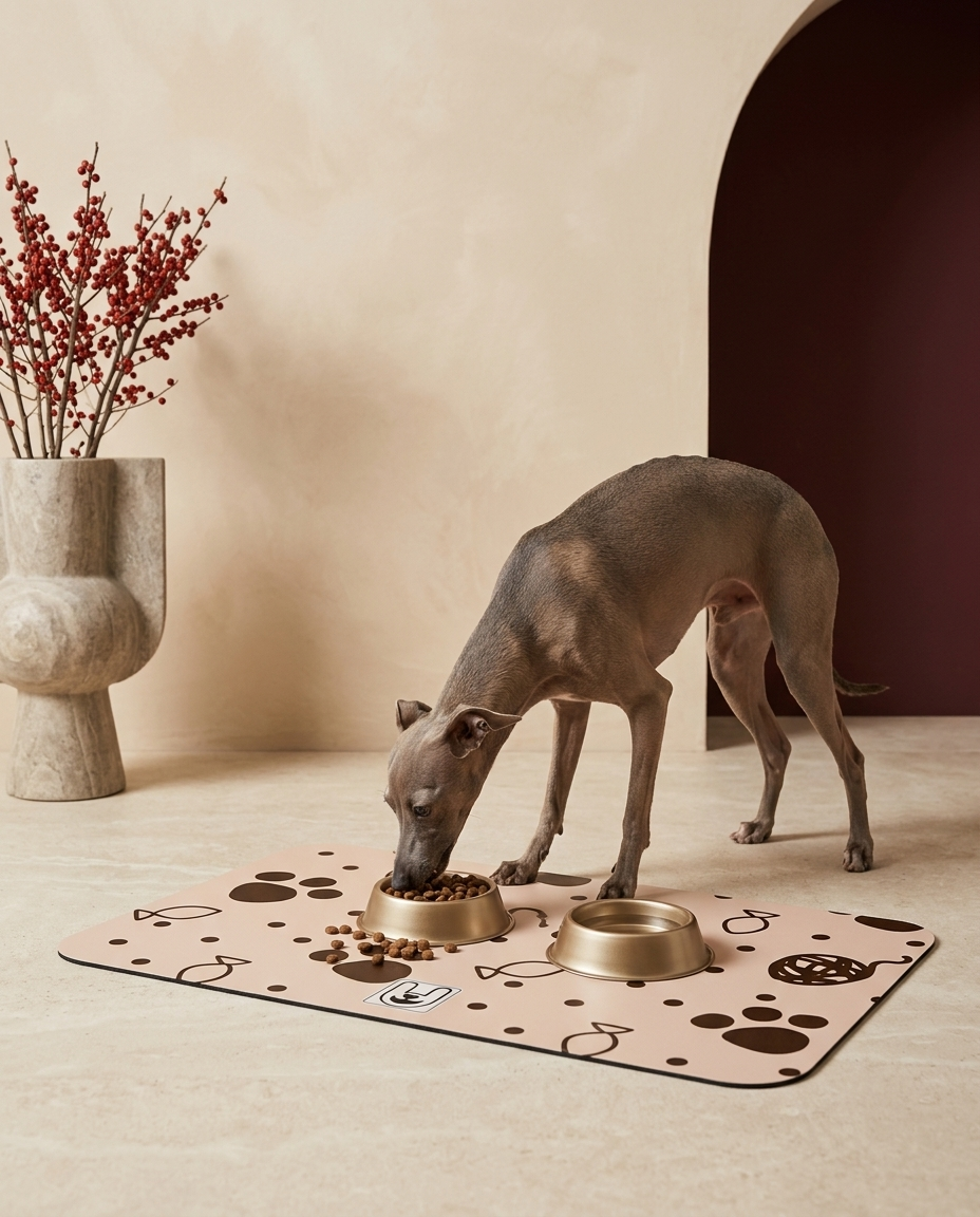 Italian Greyhound eating beside the Iggy Grey food mat