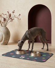 Italian Greyhound eating beside the Iggy Grey food mat
