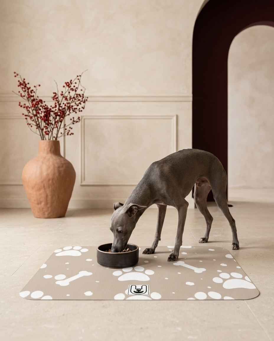 Italian Greyhound eating beside the Iggy Grey food mat