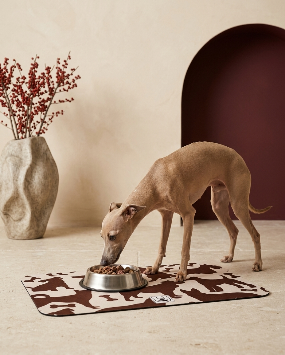 Italian Greyhound eating beside the Iggy Grey food mat