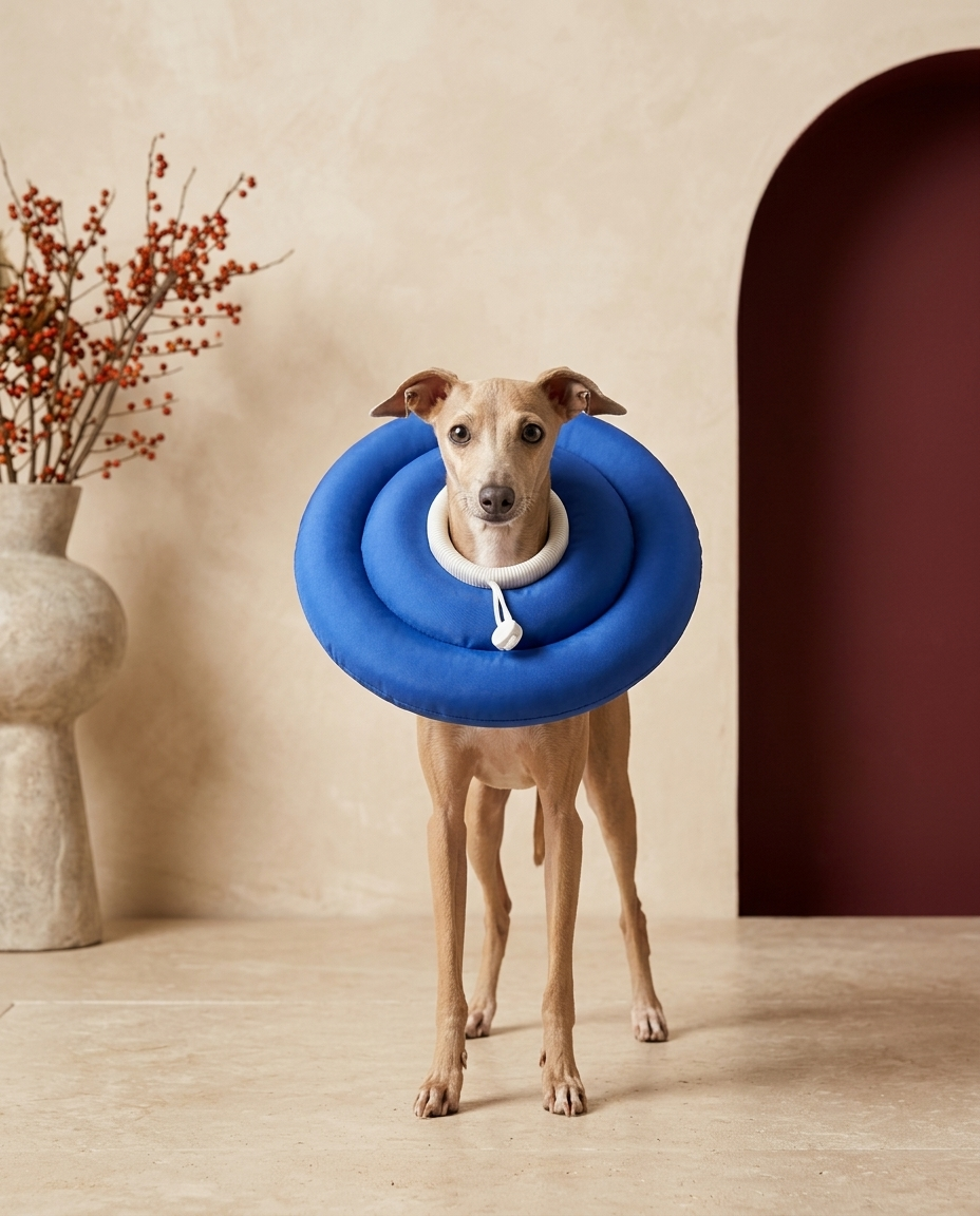 Italian Greyhound wearing the Iggy Grey waterproof recovery neck brace