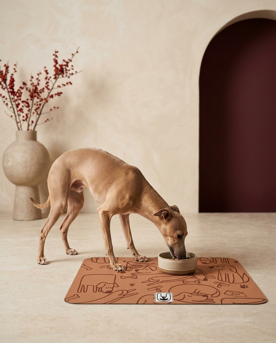 Italian Greyhound eating beside the Iggy Grey food mat