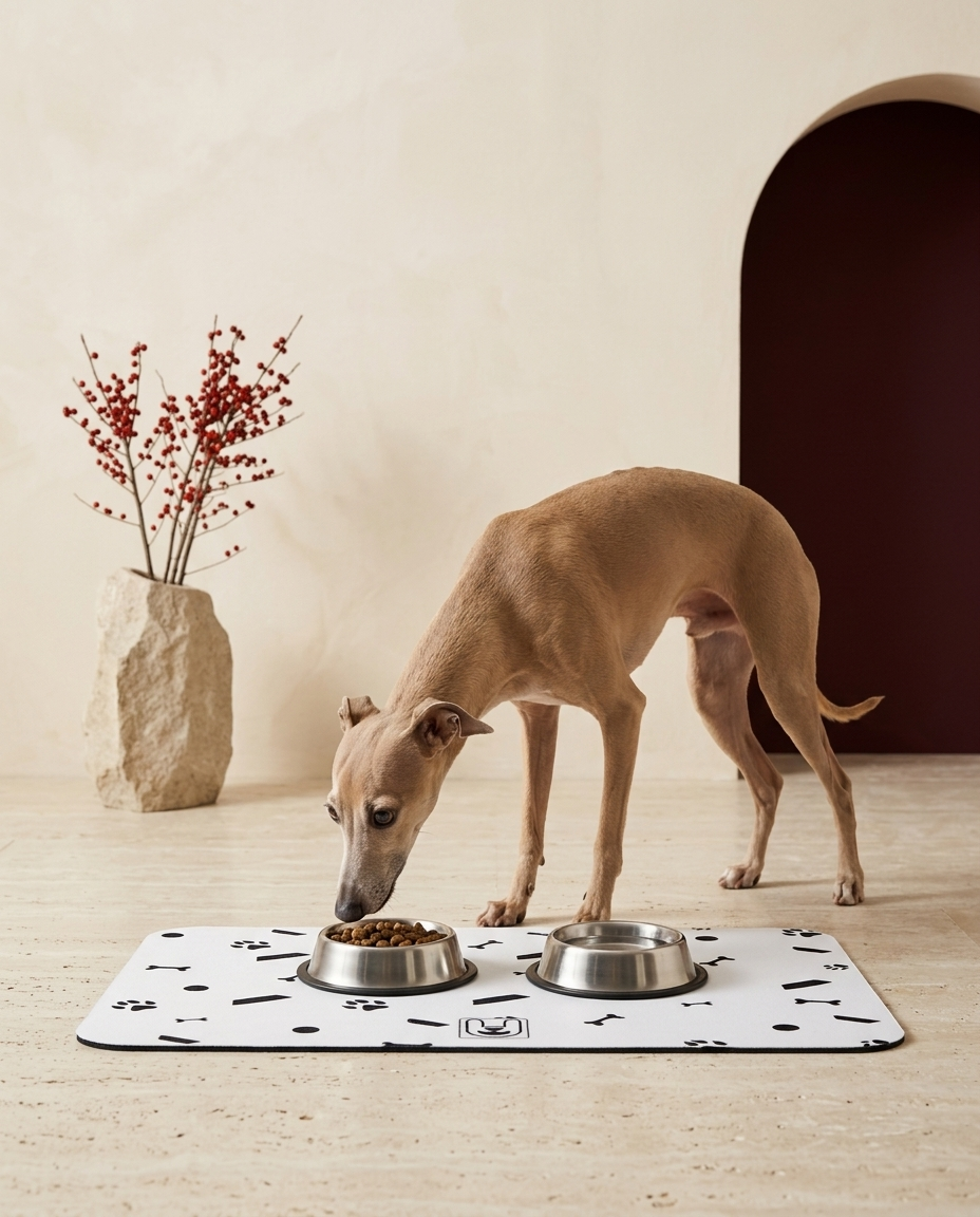 Italian Greyhound eating beside the Iggy Grey food mat