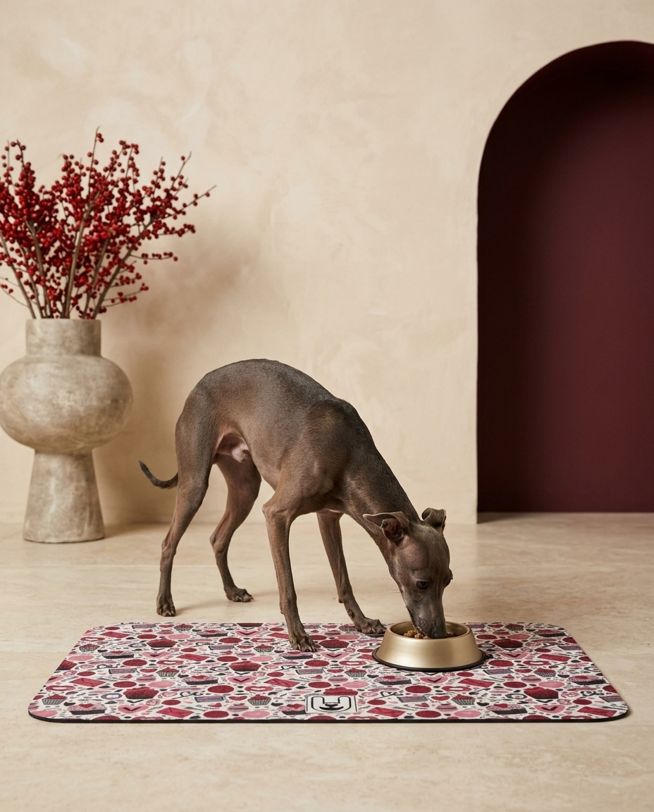 Italian Greyhound eating beside the Iggy Grey food mat
