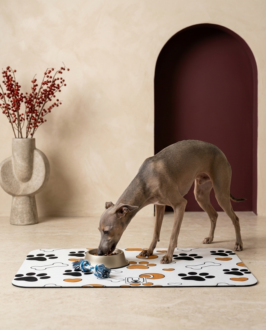 Italian Greyhound eating beside the Iggy Grey food mat
