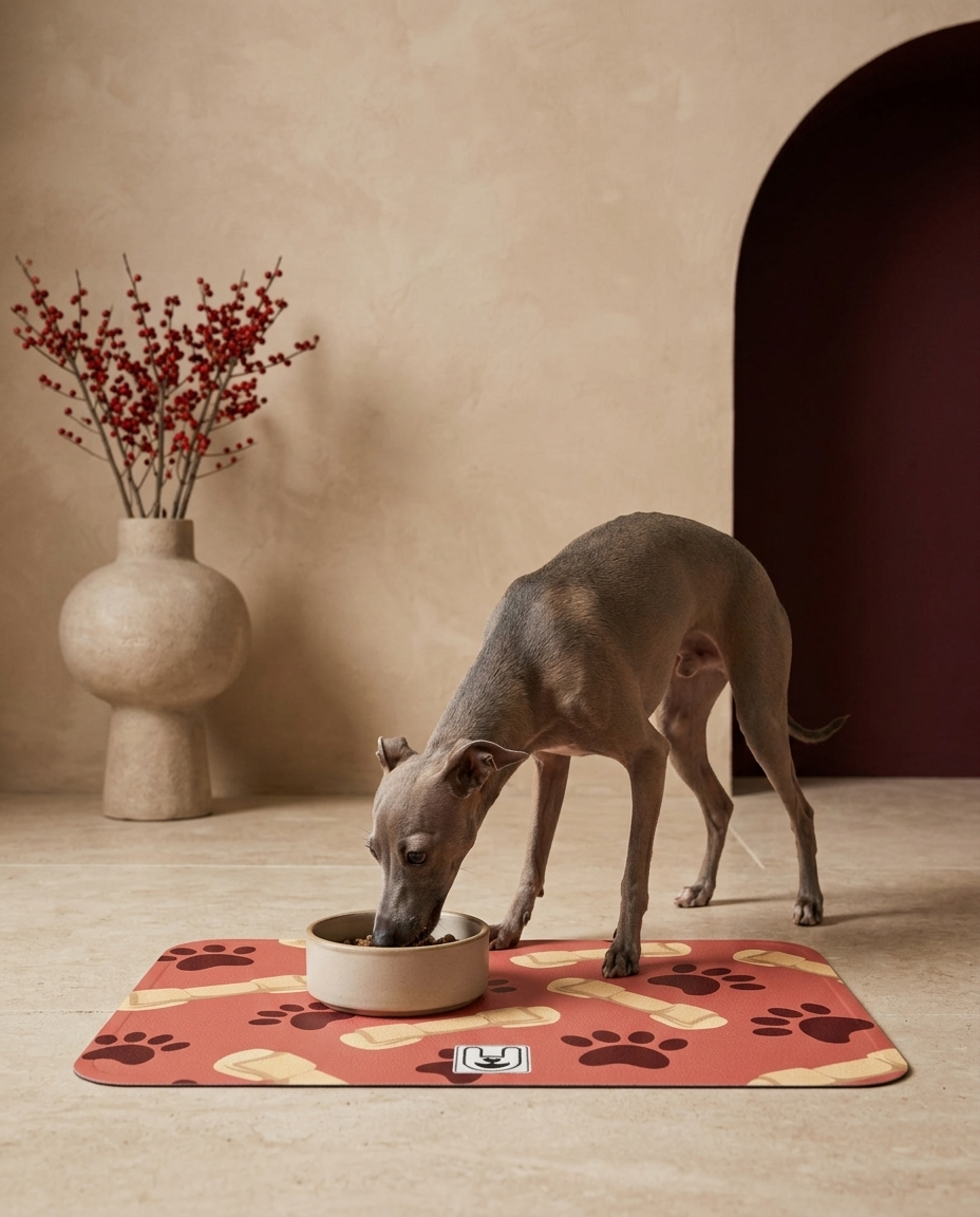 Italian Greyhound eating beside the Iggy Grey food mat