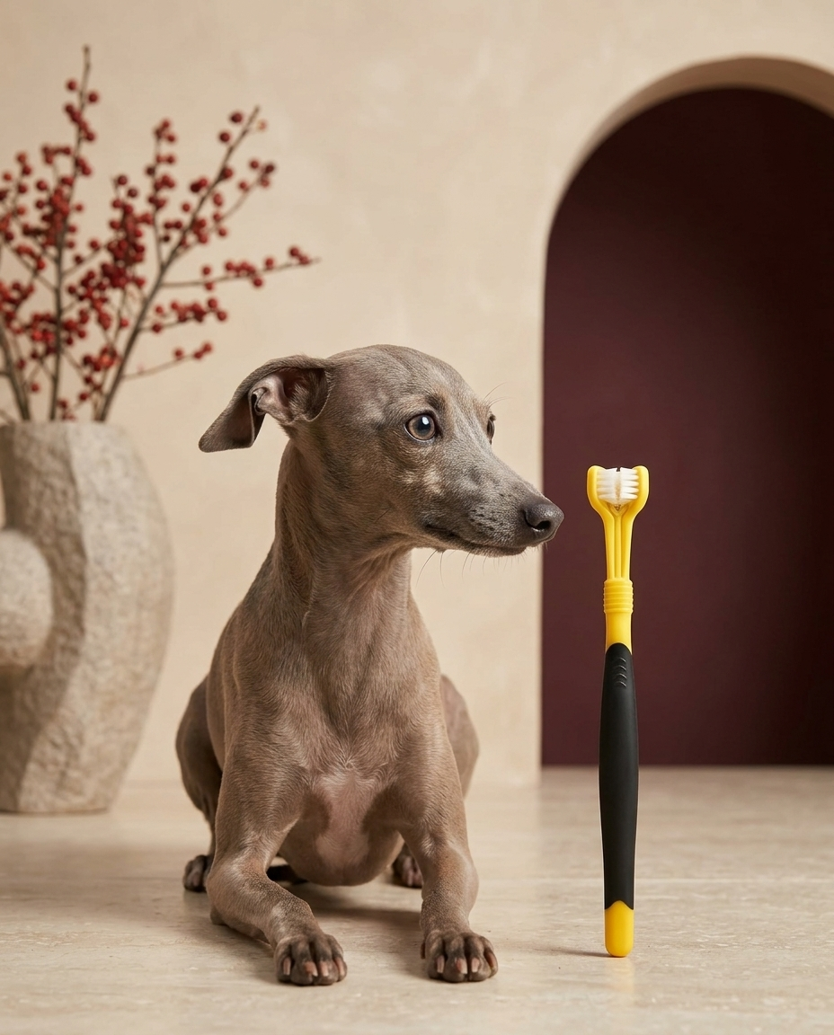 Italian Greyhound with the Iggy Grey 360 oral cleaning toothbrush