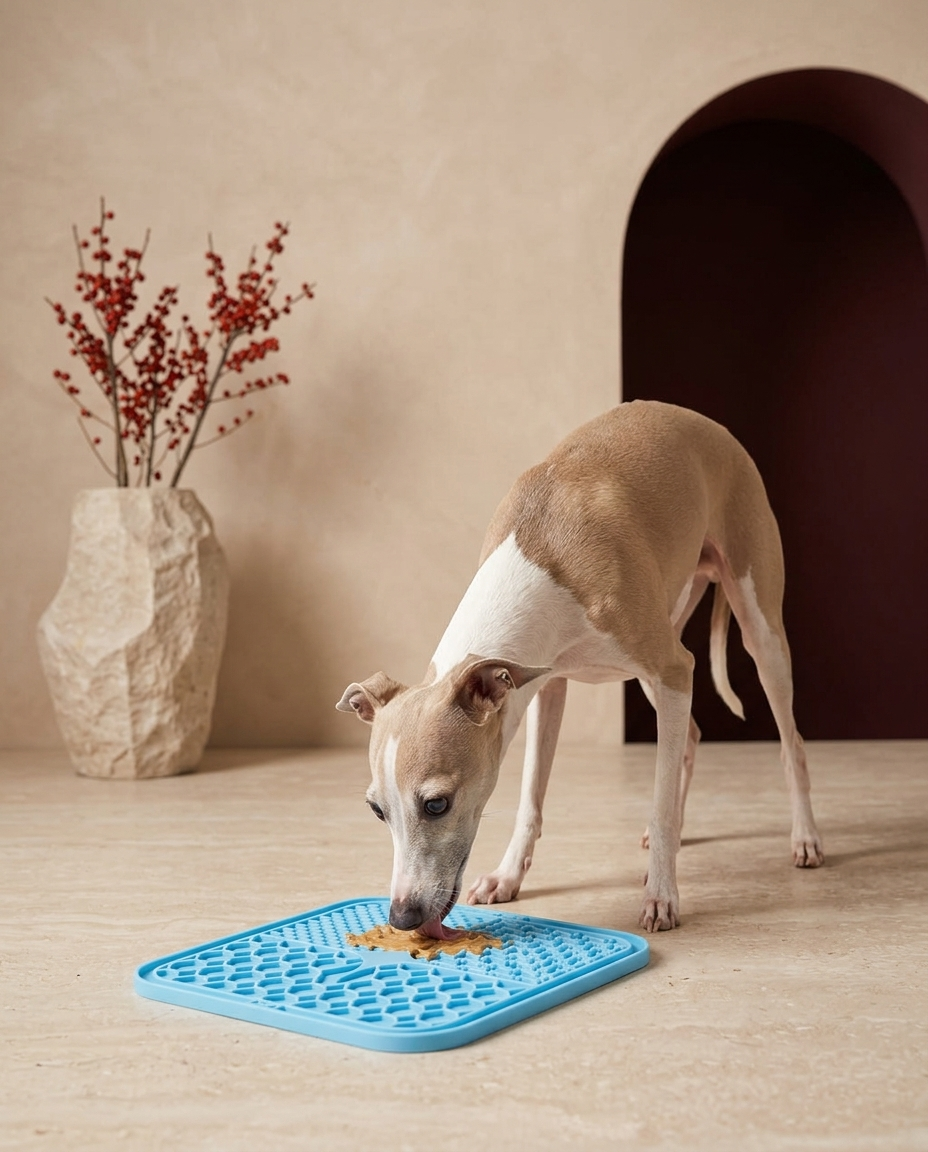 Italian Greyhound licking the Iggy Grey silicone licking pad