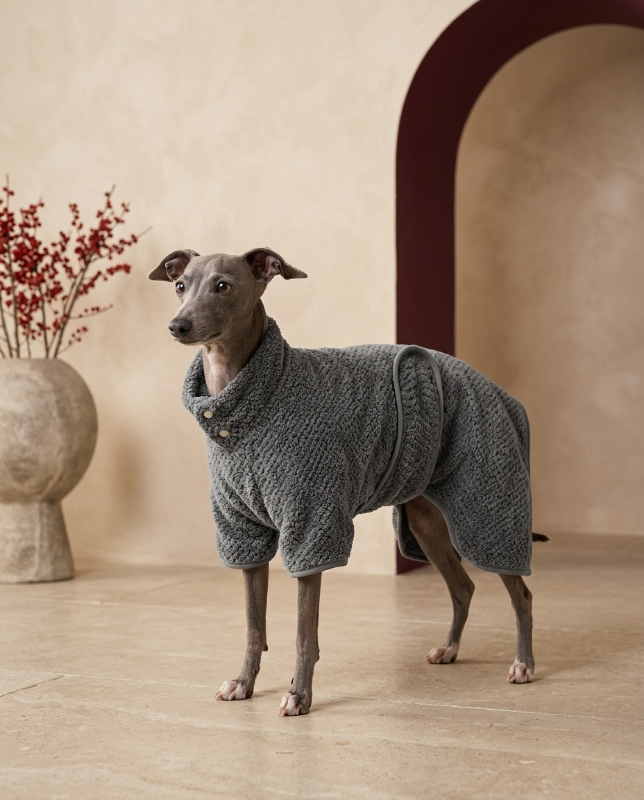 Italian Greyhound wrapped in the Iggy Grey microfiber bathrobe towel