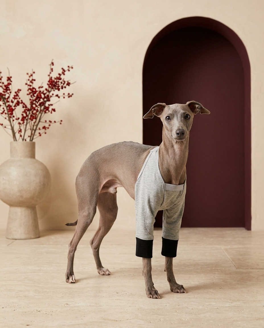 Italian Greyhound wearing the Iggy Grey recovery sleeve for front legs