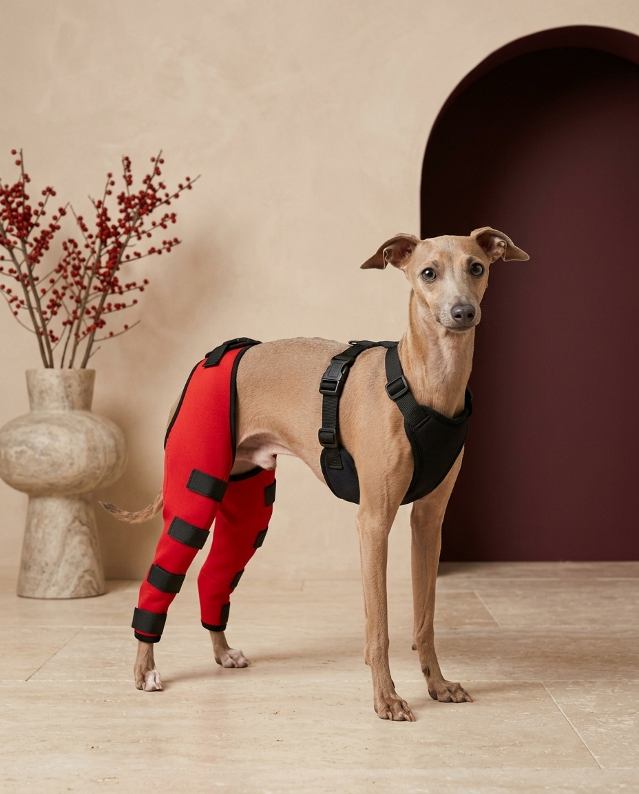 Italian Greyhound wearing the Iggy Grey back leg support brace knee pads