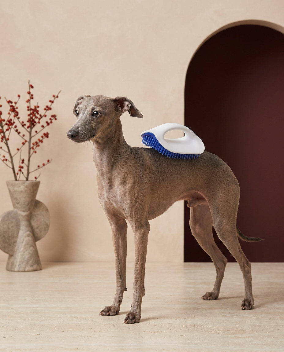 Italian Greyhound being groomed with the Iggy Grey massage hair removal brush