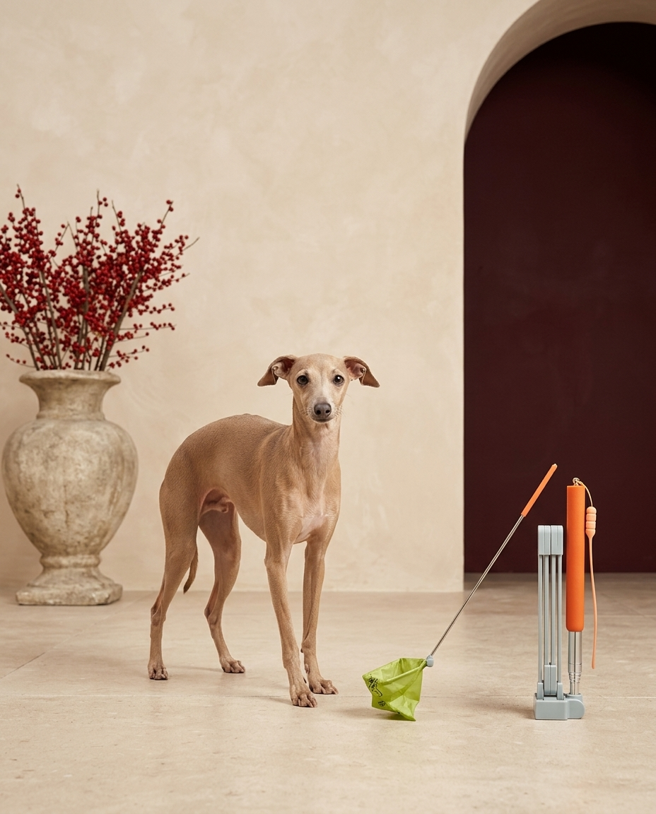 Italian Greyhound with the Iggy Grey long handle poop scooper