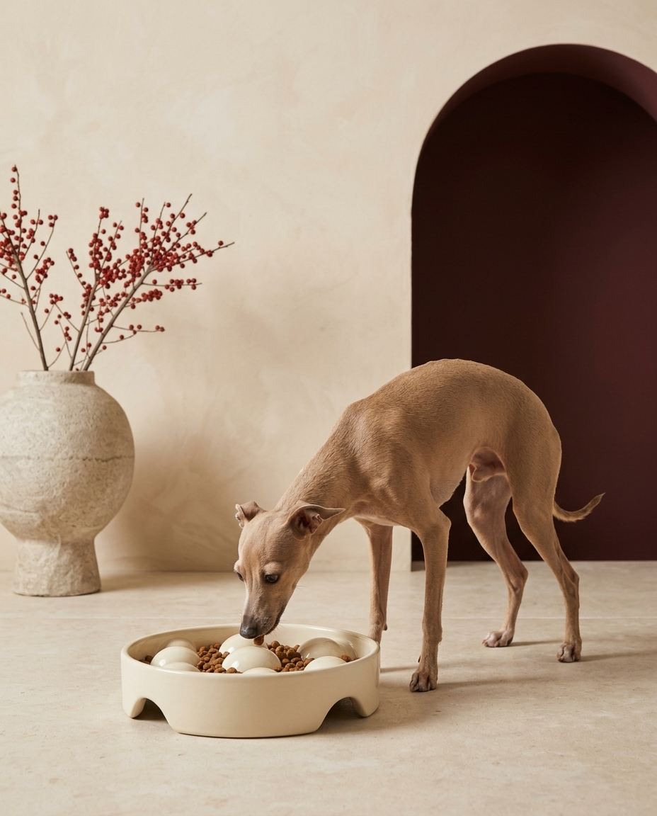 Italian Greyhound eating from the Iggy Grey anti-choking ceramic puzzle feeder