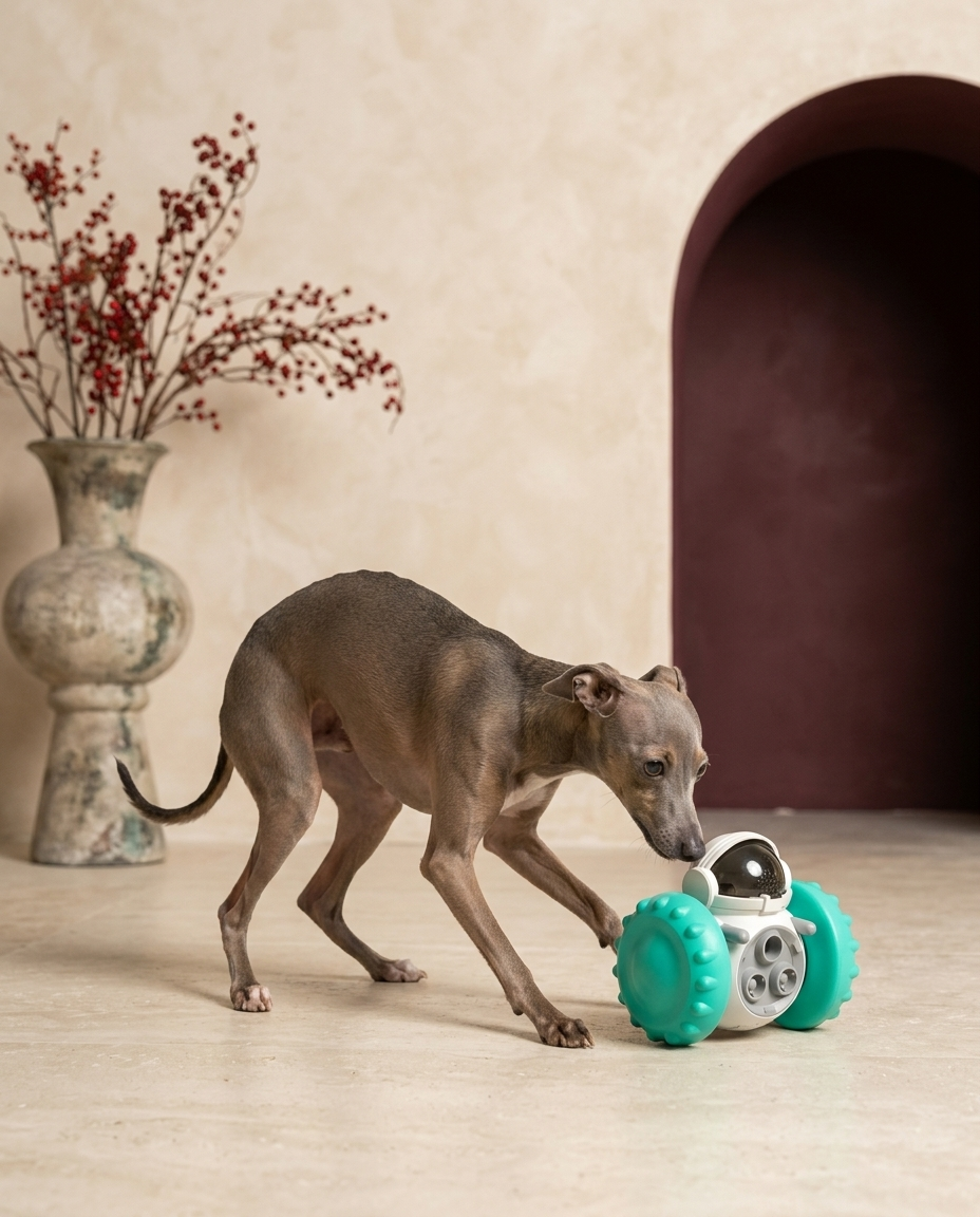 Italian Greyhound playing with the Iggy Grey robot tumbler puzzle feeder