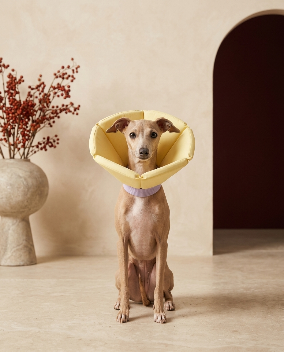 Italian Greyhound wearing the Iggy Grey soft inflatable recovery cone