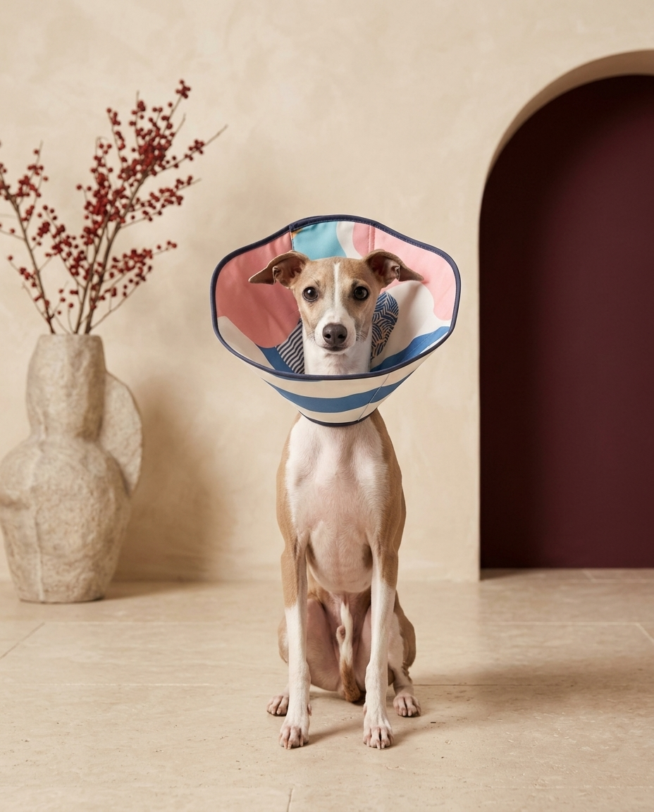 Italian Greyhound wearing the Iggy Grey soft recovery Elizabethan cone