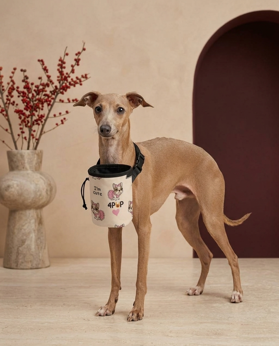 Italian Greyhound wearing the Iggy Grey treat pouch training bag
