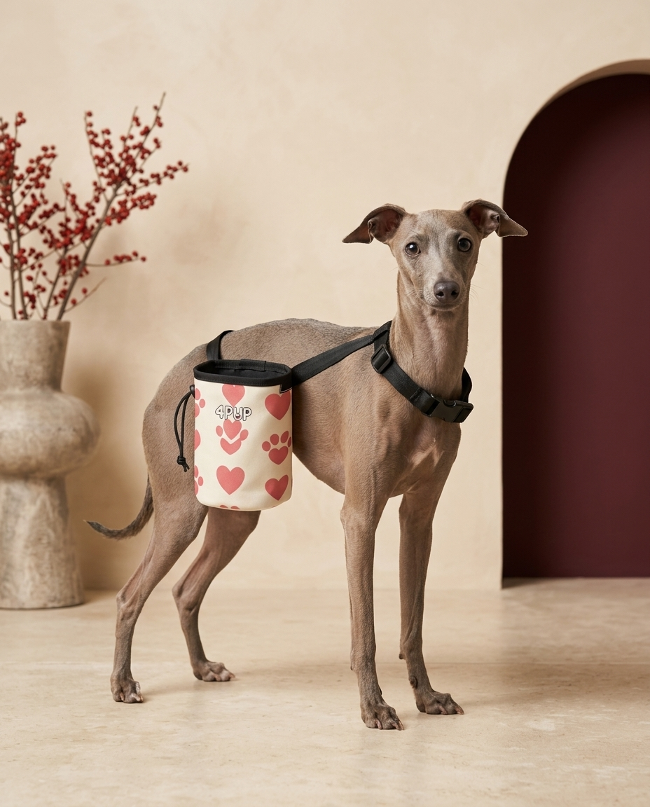 Italian Greyhound wearing the Iggy Grey treat pouch training bag