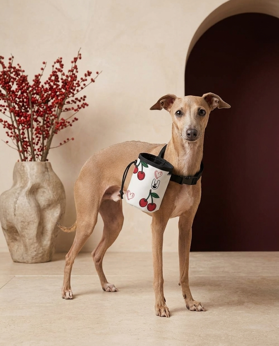 Italian Greyhound wearing the Iggy Grey treat pouch training bag