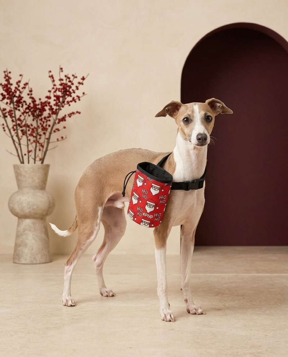 Italian Greyhound wearing the Iggy Grey treat pouch training bag
