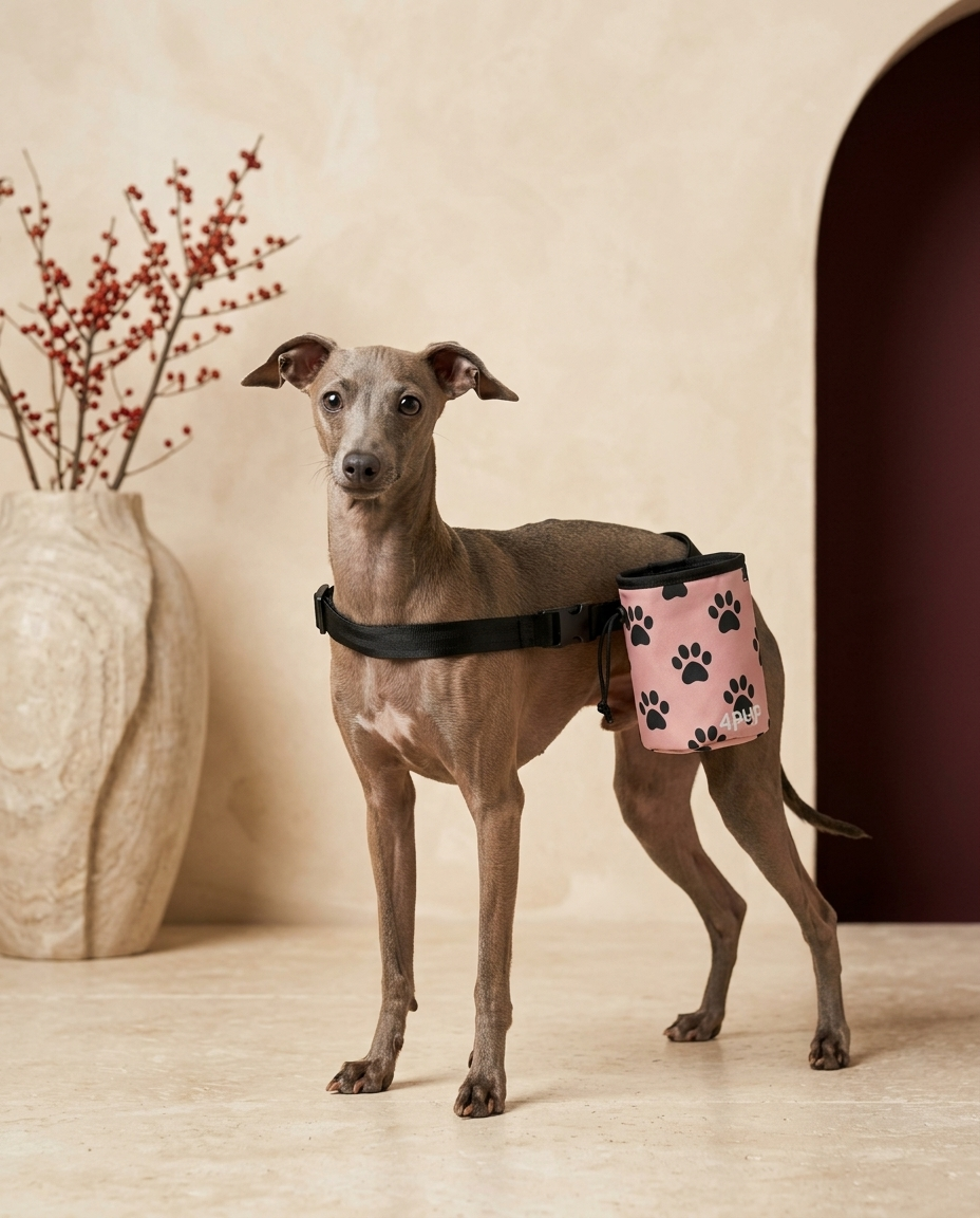 Italian Greyhound wearing the Iggy Grey treat pouch training bag