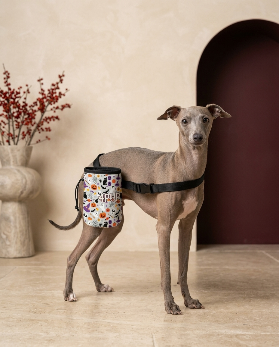Italian Greyhound wearing the Iggy Grey treat pouch training bag