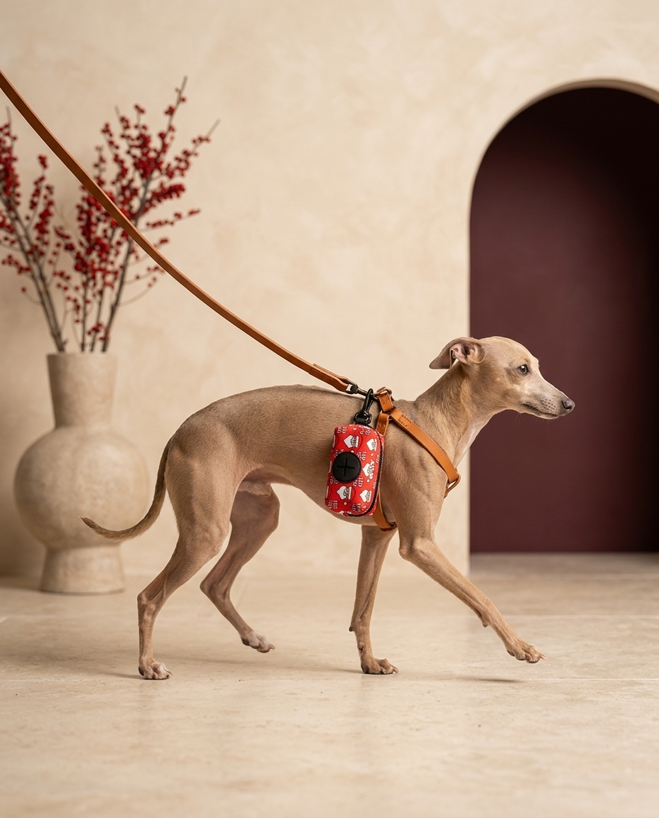 Italian Greyhound with the Iggy Grey poop bag holder leash attachment