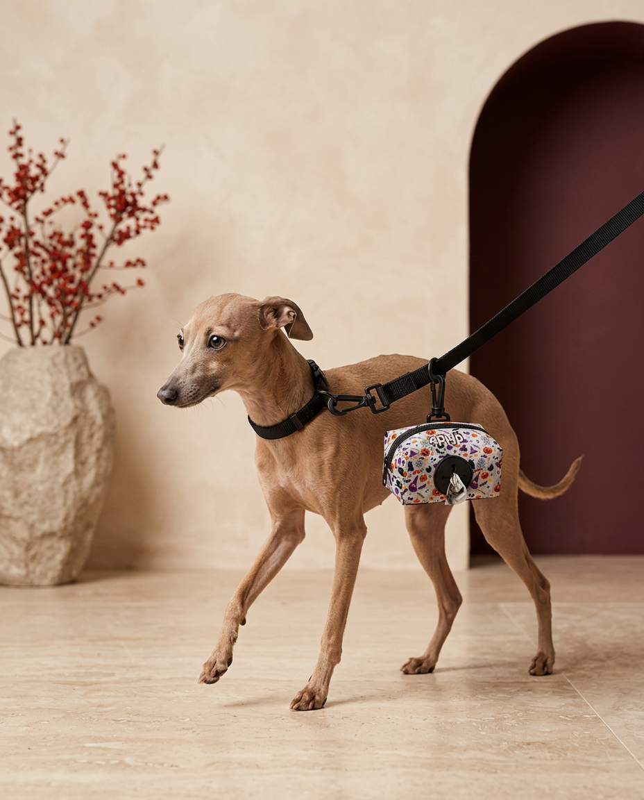 Italian Greyhound with the Iggy Grey poop bag holder leash attachment