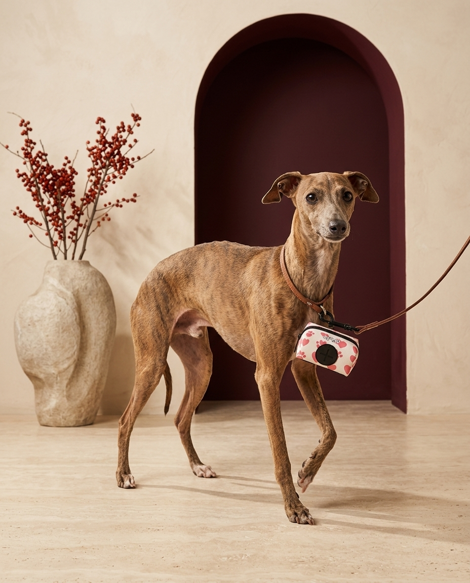 Italian Greyhound with the Iggy Grey poop bag holder leash attachment