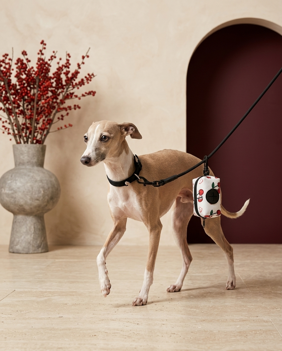 Italian Greyhound with the Iggy Grey poop bag holder leash attachment
