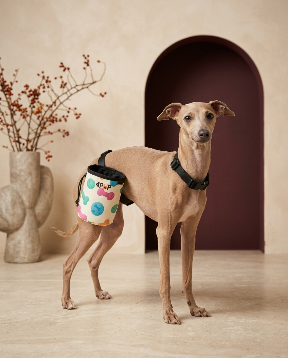 Italian Greyhound wearing the Iggy Grey treat pouch training bag