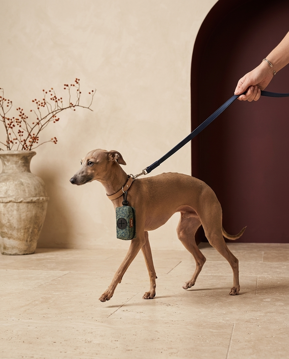 Italian Greyhound with the Iggy Grey poop bag holder leash attachment
