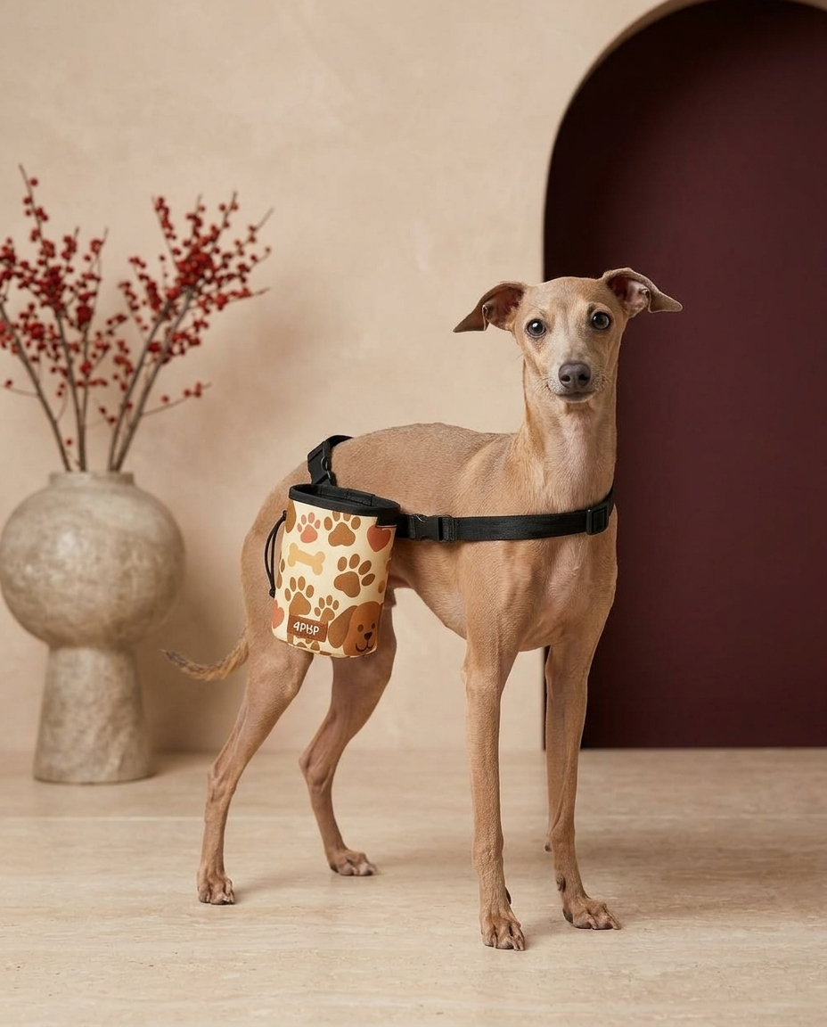 Italian Greyhound wearing the Iggy Grey treat pouch training bag