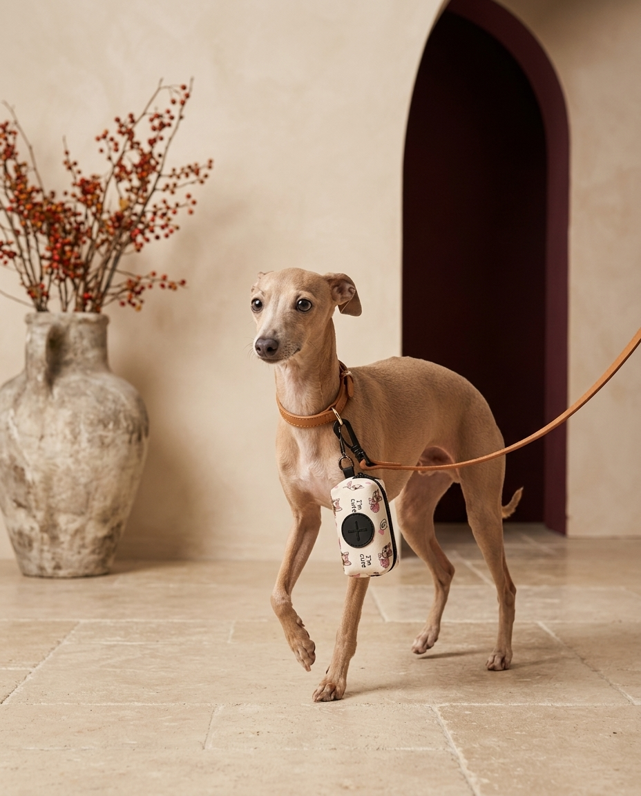 Italian Greyhound with the Iggy Grey poop bag holder leash attachment