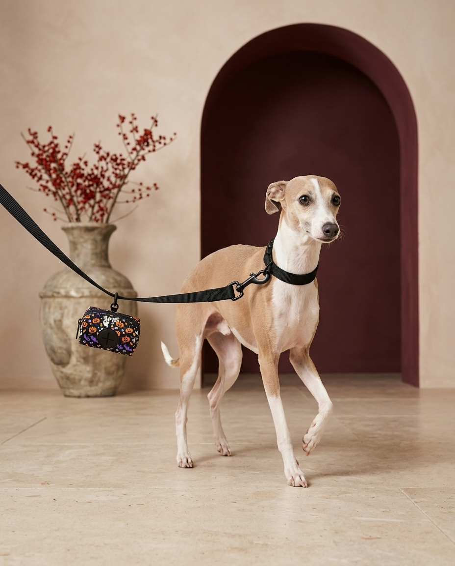 Italian Greyhound with the Iggy Grey poop bag holder leash attachment